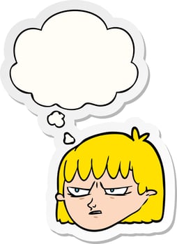 cartoon angry woman and thought bubble as a printed sticker vector