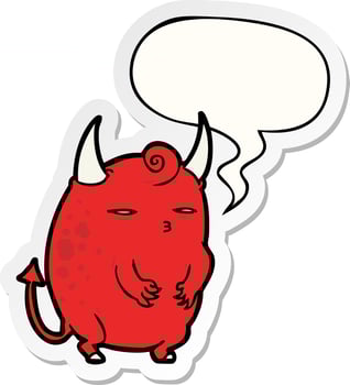 cartoon fat little halloween devil and speech bubble sticker vector