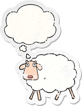 cartoon sheep and thought bubble as a distressed worn sticker vector