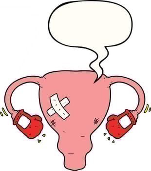 cartoon beat up uterus and boxing gloves and speech bubble vector