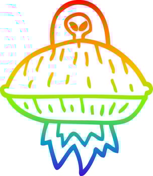 rainbow gradient line drawing cartoon alien spaceship vector