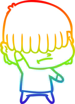 rainbow gradient line drawing cartoon boy with untidy hair vector
