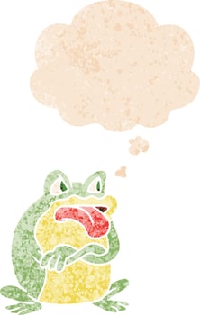 grumpy cartoon frog and thought bubble in retro textured style vector