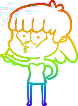 rainbow gradient line drawing cartoon whistling girl vector