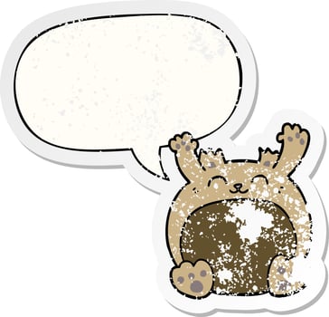 cartoon bear and speech bubble distressed sticker vector