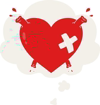 cartoon heart squirting blood and thought bubble in retro style vector