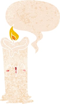 cartoon happy candle and speech bubble in retro textured style vector