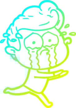 cold gradient line drawing cartoon crying man running vector