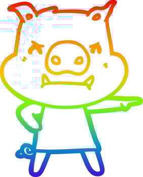 rainbow gradient line drawing angry cartoon pig in dress pointing vector