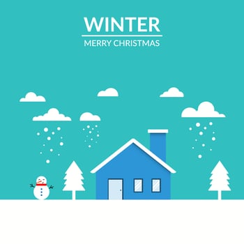 merry Christmas winter village houses landscape snowfall background flat vector illustration