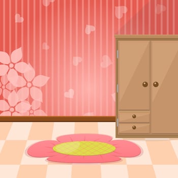 Wallpaper line flowers and carpet and cabinet on the floor. vector