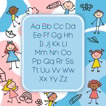 Alphabet letters worksheet with all letters of the alphabet.Basic writing practice for kindergarten kids paper ready to print vector illustration. Kids learning material hand drawing cartoon character