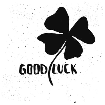 Good luck brush ink lettering cute handwriting, clover shamrock Saint Patrick, can be used for greeting cards. Vector illustration.
