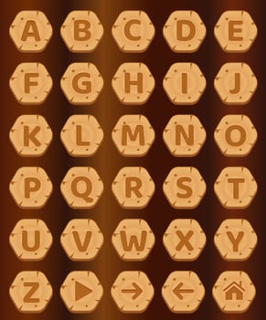 Hexagon buttons wood a-z alphabet words game. vector