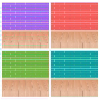 Brick wall 4 color and wooden floor. Vector cartoon illustration of the interior of the room.