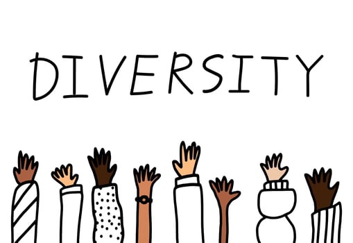 Diversity vector concept illustration isolated on white background. Doodle drawing, hands raised up with different skin colour.