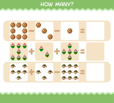 How many cartoon christmas. Counting game. Educational game for pre shool years kids and toddlers vector
