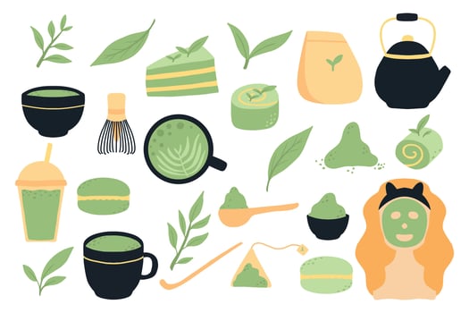 Matcha tea. Vector set of organic tea matcha powder, tea leaves, teapot, macarons, spoon, traditional cup, whisk, tools for Japanese ceremony. Matcha green tea ceremony. healthy drink