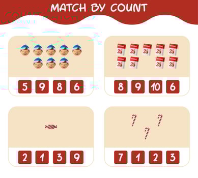 Match by count of cartoon christmas. . Match and count game. Educational game for pre shool years kids and toddlers vector