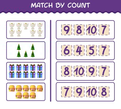 Match by count of cartoon christmas. . Match and count game. Educational game for pre shool years kids and toddlers vector