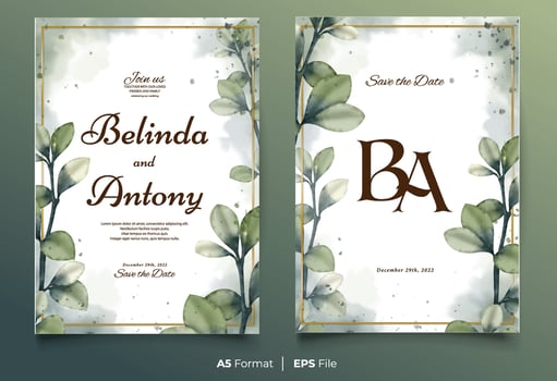 Watercolor wedding invitation template with green leaf ornament vector
