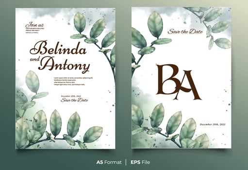 Watercolor wedding invitation template with green leaf ornament vector