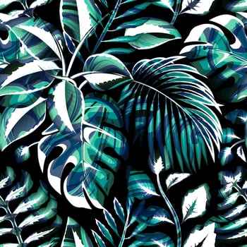 abstract tropical pattern with monstera and coconut plants foliage on night background. night jungle wallpaper. natura decorative. nature pattern. Exotic tropics. Summer design vector