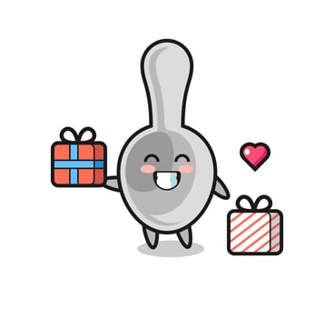 spoon mascot cartoon giving the gift vector