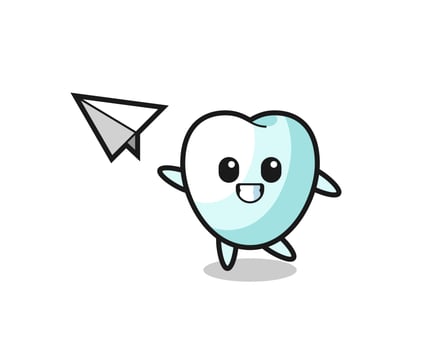 tooth cartoon character throwing paper airplane vector