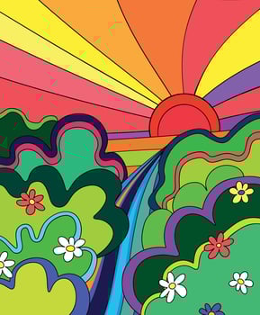Decorative Groovy Colorful Retro Poster 70s with Landscape with Trees, Daisy Flowers and Sun vector