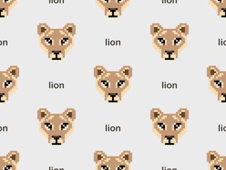 Lion cartoon character seamless pattern on gray background. Pixel style. vector