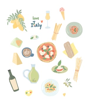 Big set of Italian food. Illustration of traditional Italian dishes and products. vector