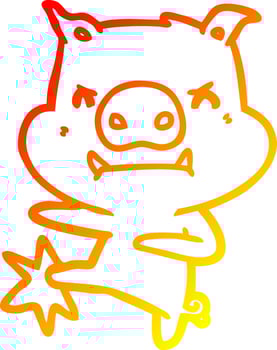 warm gradient line drawing angry cartoon pig karate kicking vector
