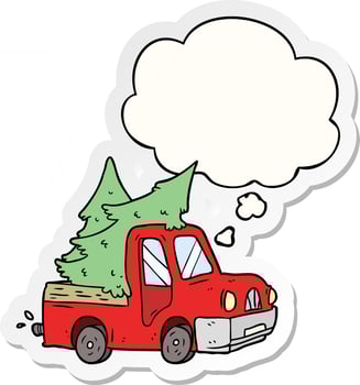 cartoon pickup truck carrying trees and thought bubble as a printed sticker vector