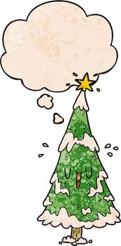 cartoon christmas tree and thought bubble in grunge texture pattern style vector