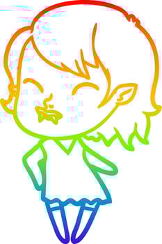 rainbow gradient line drawing cartoon vampire girl with blood on cheek vector