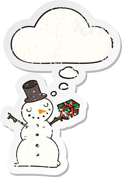 cartoon snowman and thought bubble as a distressed worn sticker vector