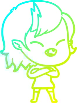 cold gradient line drawing cartoon laughing vampire girl with crossed arms vector