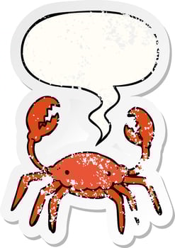 cartoon crab and speech bubble distressed sticker vector