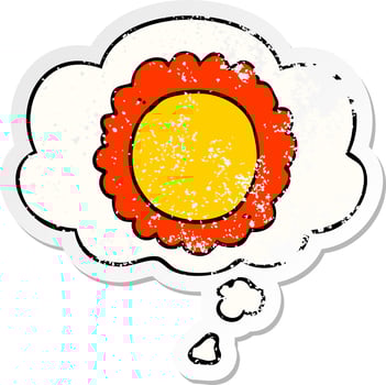 cartoon flower and thought bubble as a distressed worn sticker vector