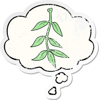 cartoon leaves and thought bubble as a distressed worn sticker vector