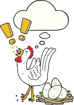 cartoon chicken laying egg and thought bubble vector