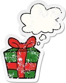 cartoon present and thought bubble as a distressed worn sticker vector