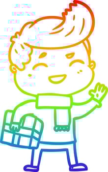 rainbow gradient line drawing cartoon man laughing carrying parcel vector