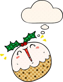cute cartoon christmas pudding and thought bubble in comic book style vector