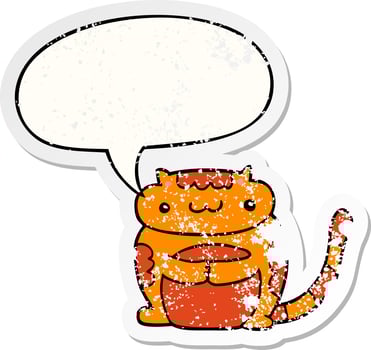 cute cartoon cat and speech bubble distressed sticker vector