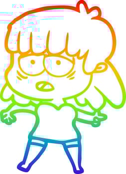 rainbow gradient line drawing cartoon tired woman vector