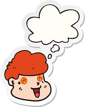cartoon boy's face and thought bubble as a printed sticker vector