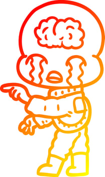warm gradient line drawing cartoon big brain alien crying and pointing vector