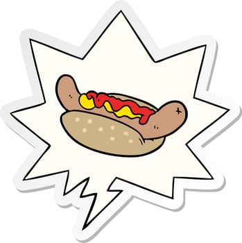 cartoon fresh tasty hot dog and speech bubble sticker vector